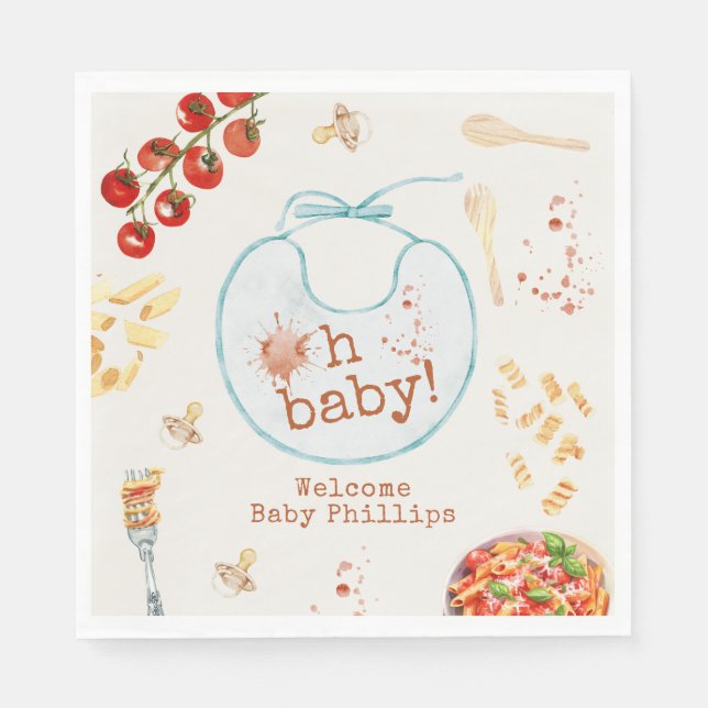 Oh Baby Pasta & Pacifiers Blue Boy Baby Shower Napkin (Front)