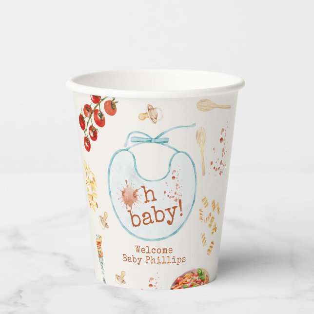 Oh Baby Pasta & Pacifiers Blue Boy Baby Shower Paper Cups (Front)