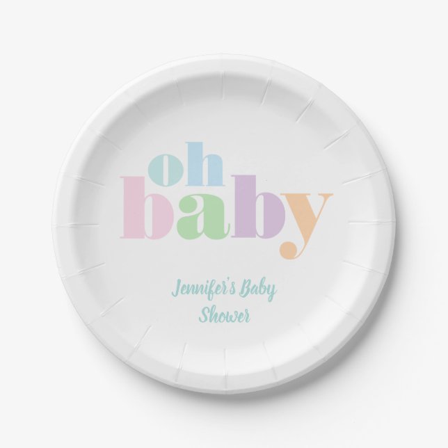 Oh Baby | Pastel Teal Modern Baby Shower Paper Plate (Front)