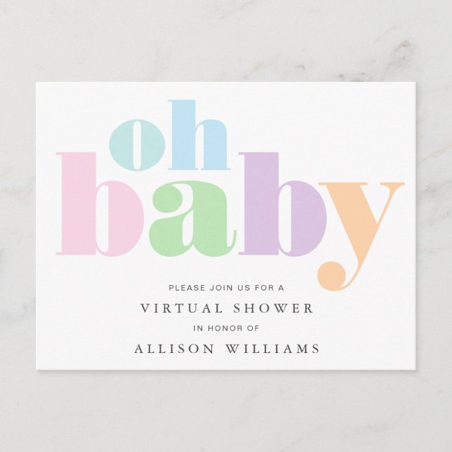 Oh Baby Pastel Typography Virtual Baby Shower Invitation Postcard (Front)