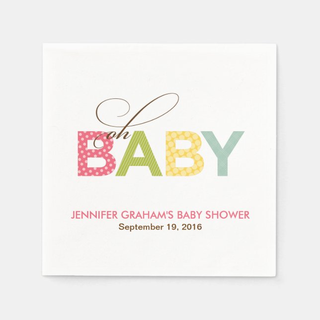 Oh Baby Patterned Baby Shower Napkin in Pink (Front)