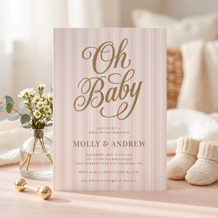 Oh Baby Peach Blush Striped Girl Baby Shower Invitation
