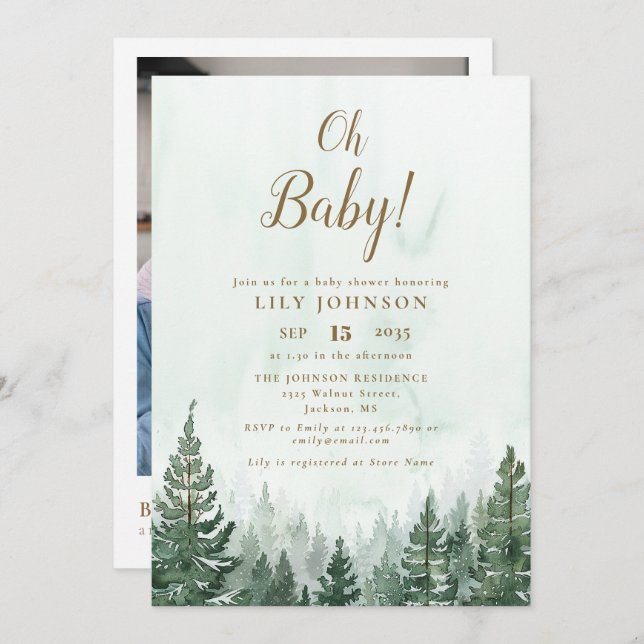 Oh Baby Pine Tree Forest Baby Shower Photo QR Code Invitation (Front/Back)