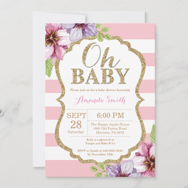 Oh Baby Pink and Gold Baby Shower Invitation (Front)