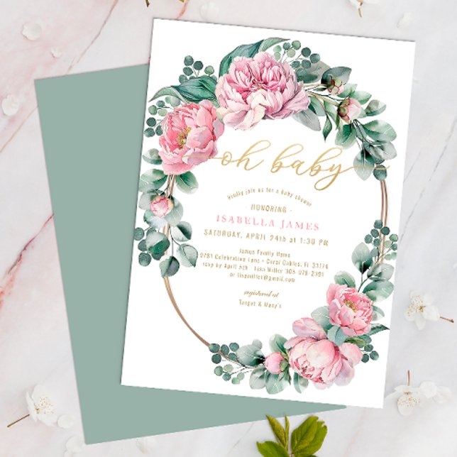 Oh Baby Pink and Gold Floral Girl Baby Shower Invi Invitation (Creator Uploaded)