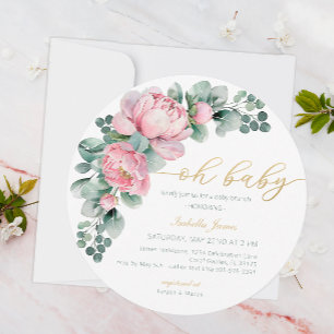 Oh Baby Pink and Gold Floral Greenery Girl Baby Sh Invitation