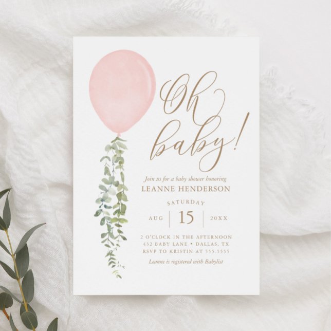 Oh Baby Pink Balloon Eucalyptus Baby Shower Invita Invitation (Creator Uploaded)