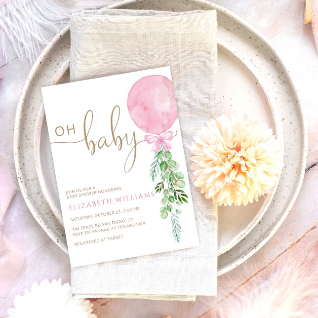 Oh Baby Pink Balloon Eucalyptus Baby Shower Invitation (Creator Uploaded)