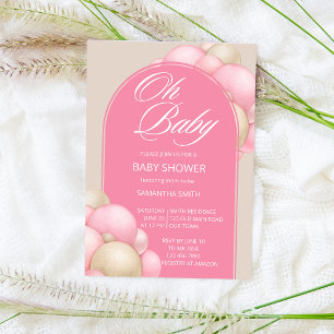 Oh baby pink beige balloons arch minimalist simple invitation