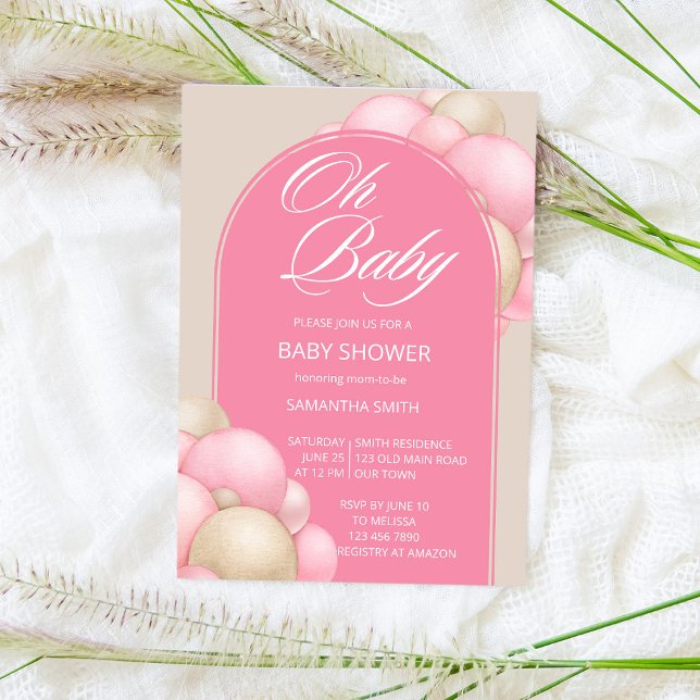 Oh baby pink beige balloons arch minimalist simple invitation (Creator Uploaded)
