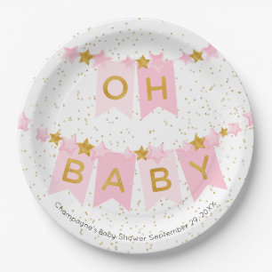 Oh Baby Pink Bunting Flags Baby Shower Paper Plate