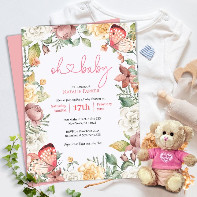 Oh Baby Pink Butterfly Floral Girl Baby Shower Invitation (Creator Uploaded)