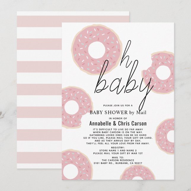 Oh Baby Pink Doughnut Girl Baby Shower by Mail Invitation (Front/Back)
