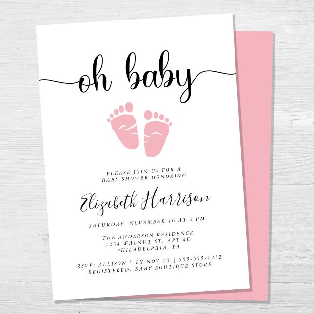 Oh Baby Pink Feet Baby Girl Shower Invitation (Creator Uploaded)
