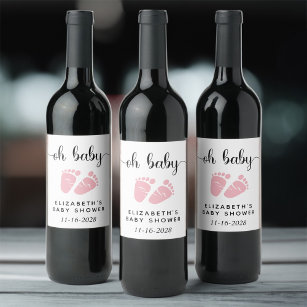  Oh Baby Pink Feet Baby Girl Shower Wine Label