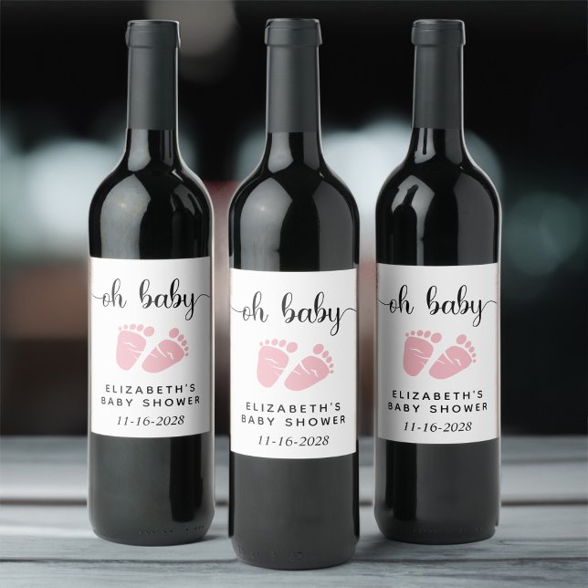  Oh Baby Pink Feet Baby Girl Shower Wine Label (Creator Uploaded)