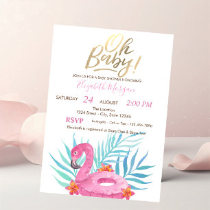 Oh Baby Pink Flamingo Palm Leaves Hibiscus Invitation