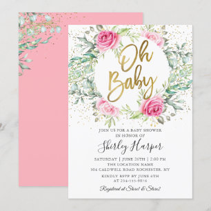 Oh Baby Pink Floral Greenery Glitter Baby Shower Invitation