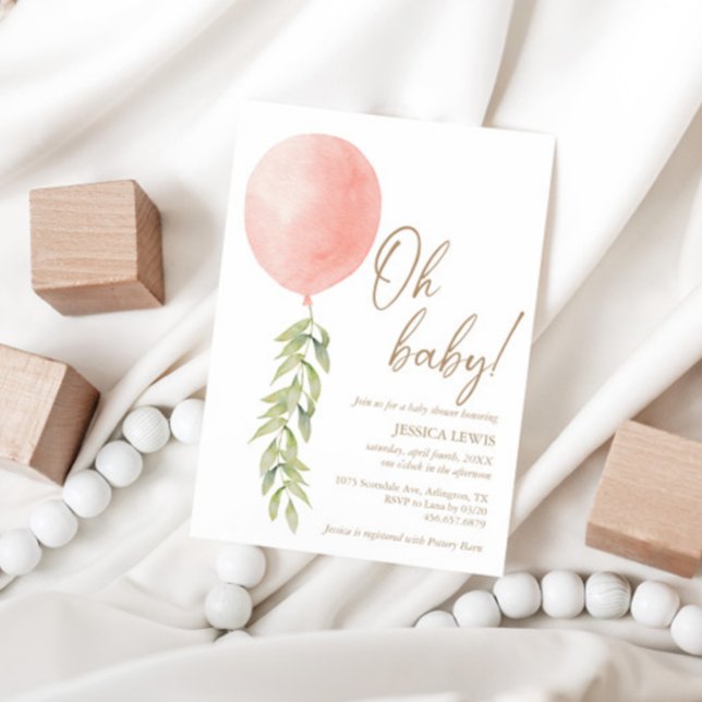 Oh Baby Pink Girl Balloon Eucalyptus Foliage Invitation (Creator Uploaded)