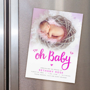 Oh Baby Pink Girl Birth Announcement Magnetic Card
