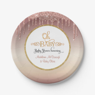 OH BABY Pink Glitter Drips Typography Baby Shower Paper Plate