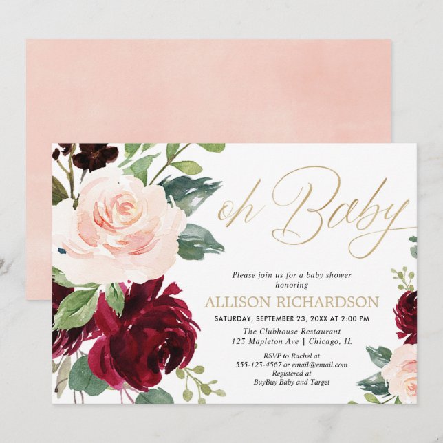 Oh baby Pink gold burgundy floral girl baby shower Invitation (Front/Back)