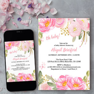Oh Baby Pink Gold Floral Watercolor Baby Shower Invitation