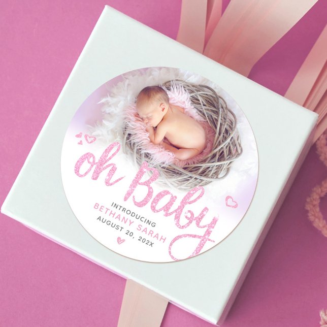 Oh Baby Pink Modern Sweet Girl Birth Photo Chic Classic Round Sticker (Creator Uploaded)