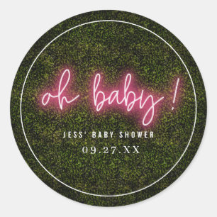 Oh Baby Pink Neon Boxwood Baby Shower Classic Round Sticker