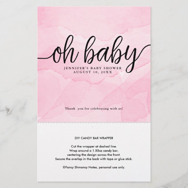 Oh Baby, Pink Personalised Candy Bar Wrapper (Front)