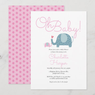 Oh Baby Pink Polka Dot Elephant Baby Shower Invitation