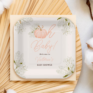 Oh Baby pink pumpkin floral chic baby shower Paper Plate