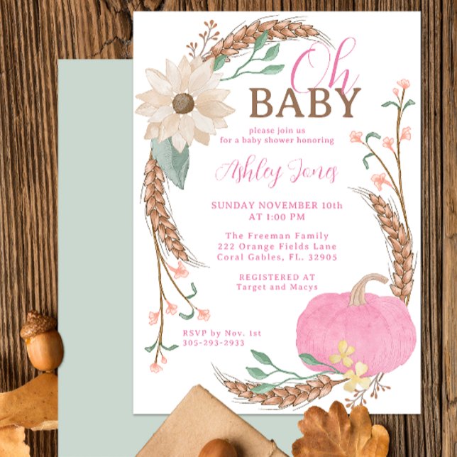 Oh Baby Pink Pumpkin Shower Invite (Fall Pink Pumpkin Baby Shower Party Invitation)