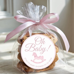 Oh Baby Pink Rocking Horse Baby Shower Favor  Classic Round Sticker