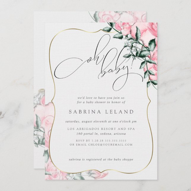 Oh Baby Pink Rose Baby Shower Invitation (Front/Back)