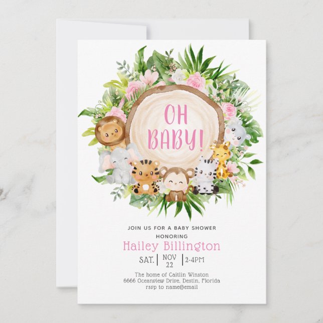Oh Baby Pink Safari Jungle Watercolor Baby Shower Invitation (Front)