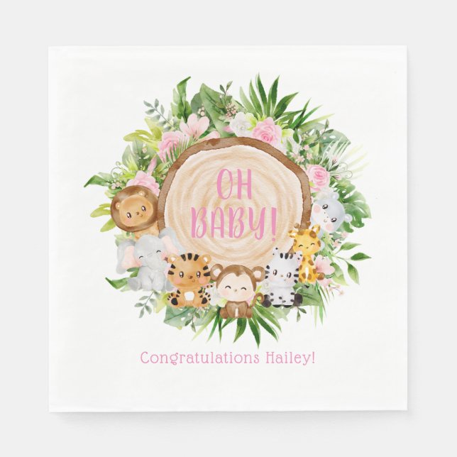 Oh Baby Pink Safari Jungle Watercolor Baby Shower  Napkin (Front)