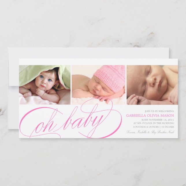 Oh Baby | Pink Script Birth Announcement (Front)
