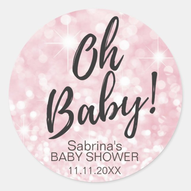 OH BABY! Pink Sparkle Glitter Baby Shower Girl Classic Round Sticker (Front)