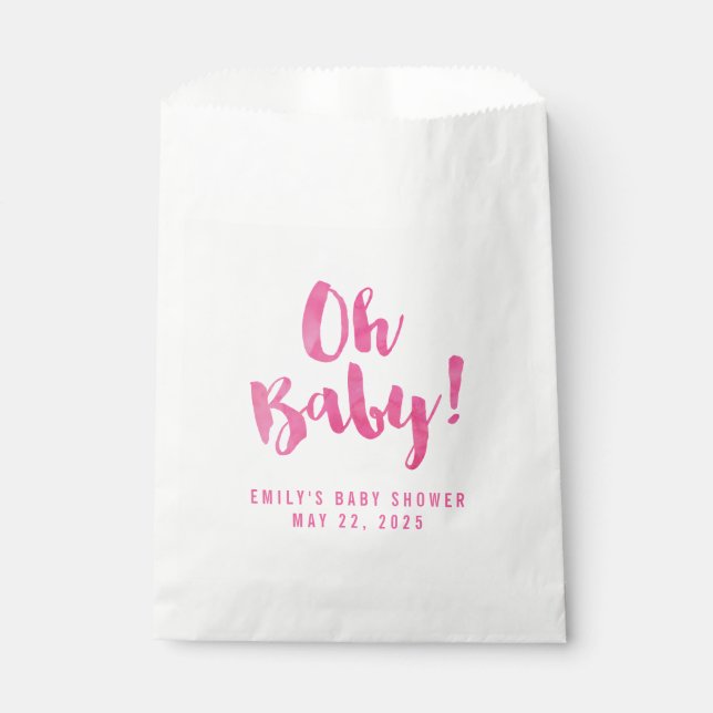 Oh Baby Pink Watercolor Baby Shower Favour Bags (Front)