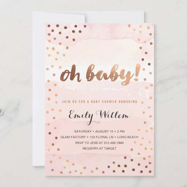 OH BABY! Pink Watercolor & Gold Foil Baby Shower Invitation (Front)