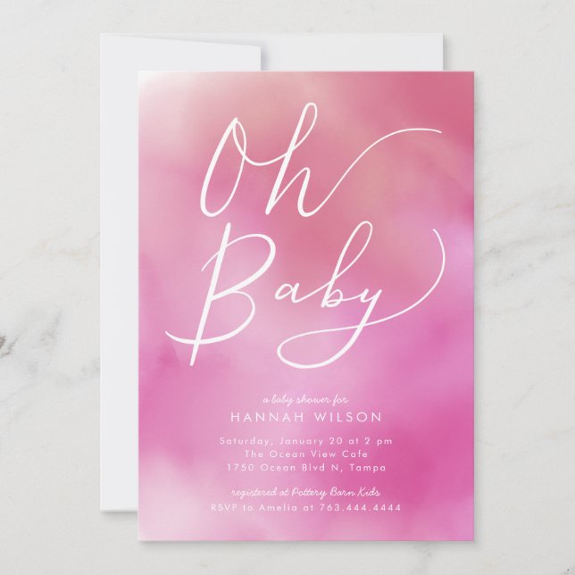 Oh Baby Pink Watercolor Ombre Baby Shower Invitation (Front)