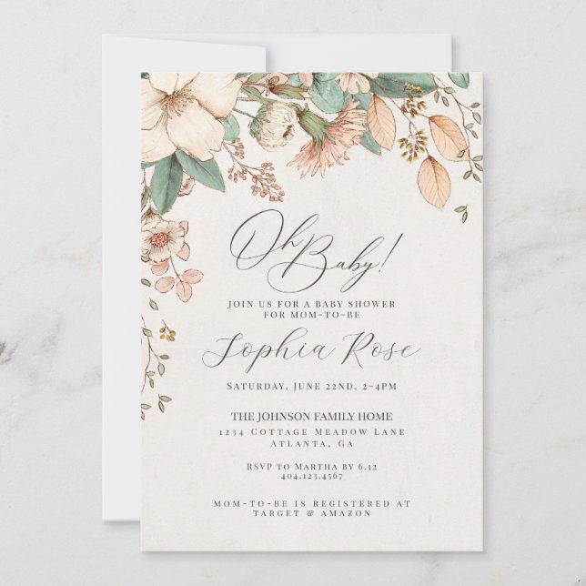 Oh Baby pink wildflower floral girl baby shower (Front)