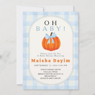 Oh Baby Pumpkin Blue Gingham Baby Shower  Invitation