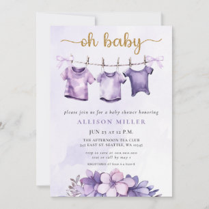 Oh Baby Purple Baby Clothesline Girl Baby Shower  Invitation