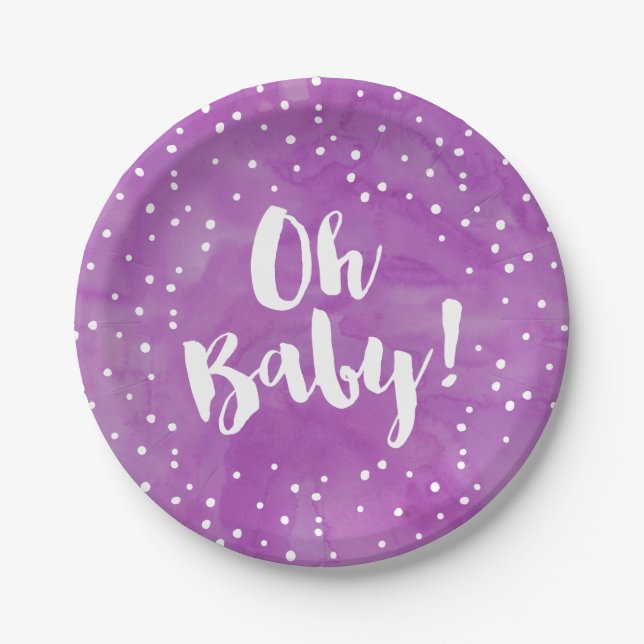 Oh Baby Purple Watercolor Baby Shower Paper Plate (Front)