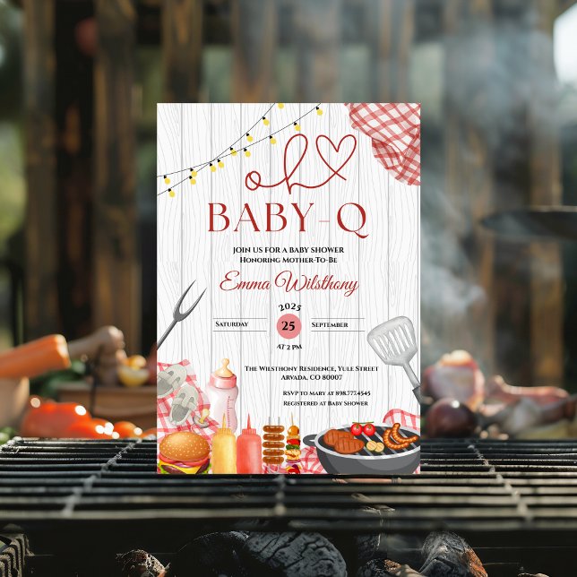 Oh Baby-Q Baby Shower Girl Rustic BBQ Invitation (bottle pacifier red gingham check bbq baby shower invitations backyard plaid barbecue country out )