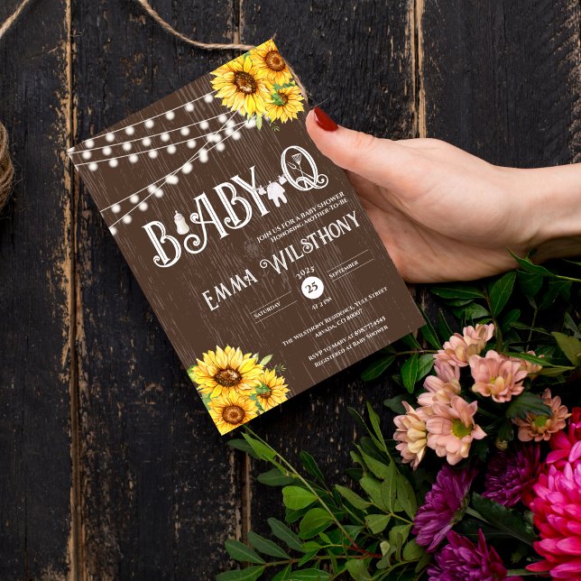 Oh Baby-Q Baby Shower Rustic Sunflower BBQ Invitation (unisex backyard couples baby shower Baby-Q western Rustic Sunflower BBQ boho wooden CELEBRATE MOTHER)