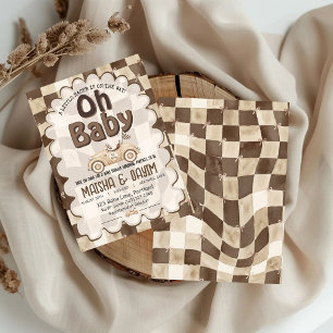 Oh Baby Race Car Chequered Mocha Baby Shower Invitation