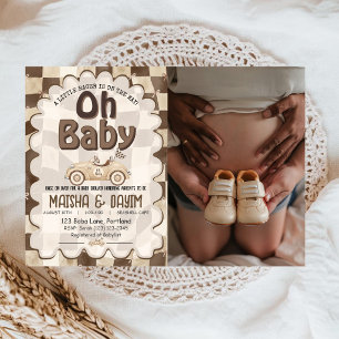 Oh Baby Race Car Chequered Mocha Baby Shower Invitation